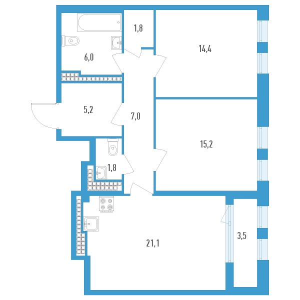 3-комнатная (Евро) квартира, 74.3 м² в ЖК "Дефанс Премиум" - планировка, фото №1