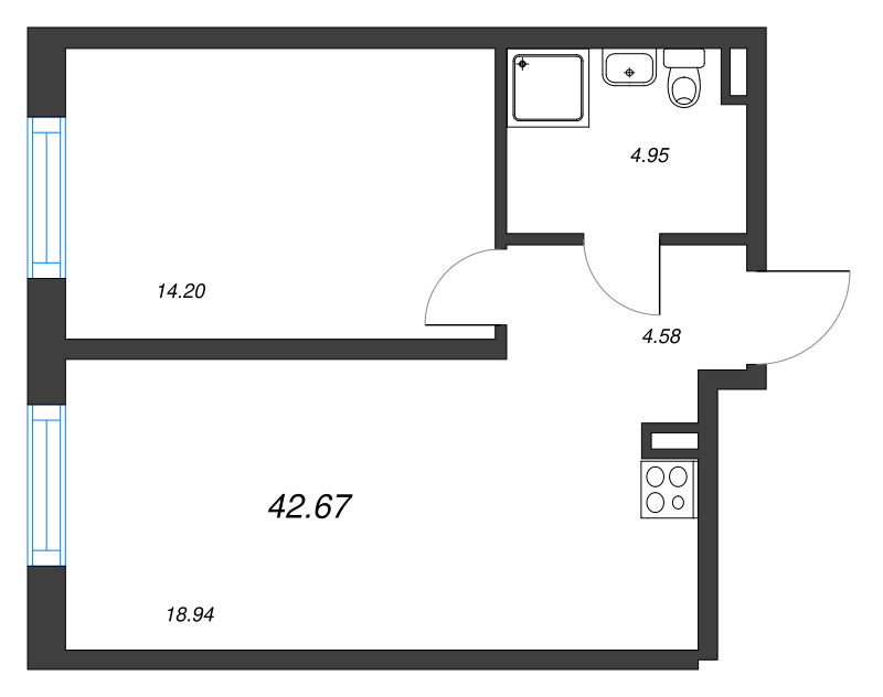2-комнатная (Евро) квартира, 41.8 м² в ЖК "Zoom на Неве" - планировка, фото №1