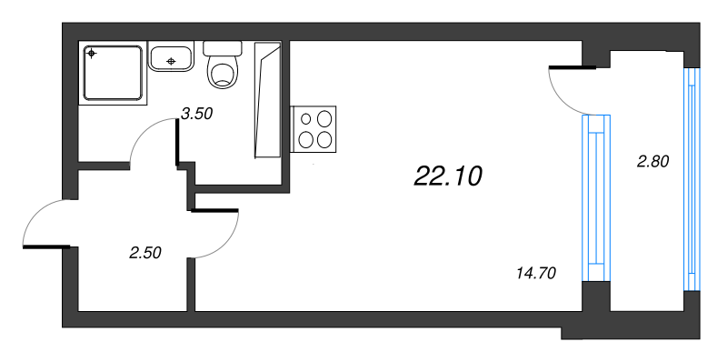 Квартира-студия, 22.2 м² - планировка, фото №1