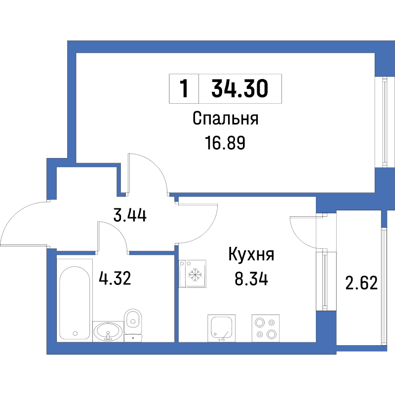 1-комнатная квартира, 34.3 м² - планировка, фото №1