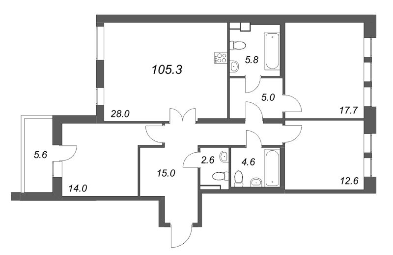 4-комнатная (Евро) квартира, 105.3 м² в ЖК "Коллекционер" - планировка, фото №1