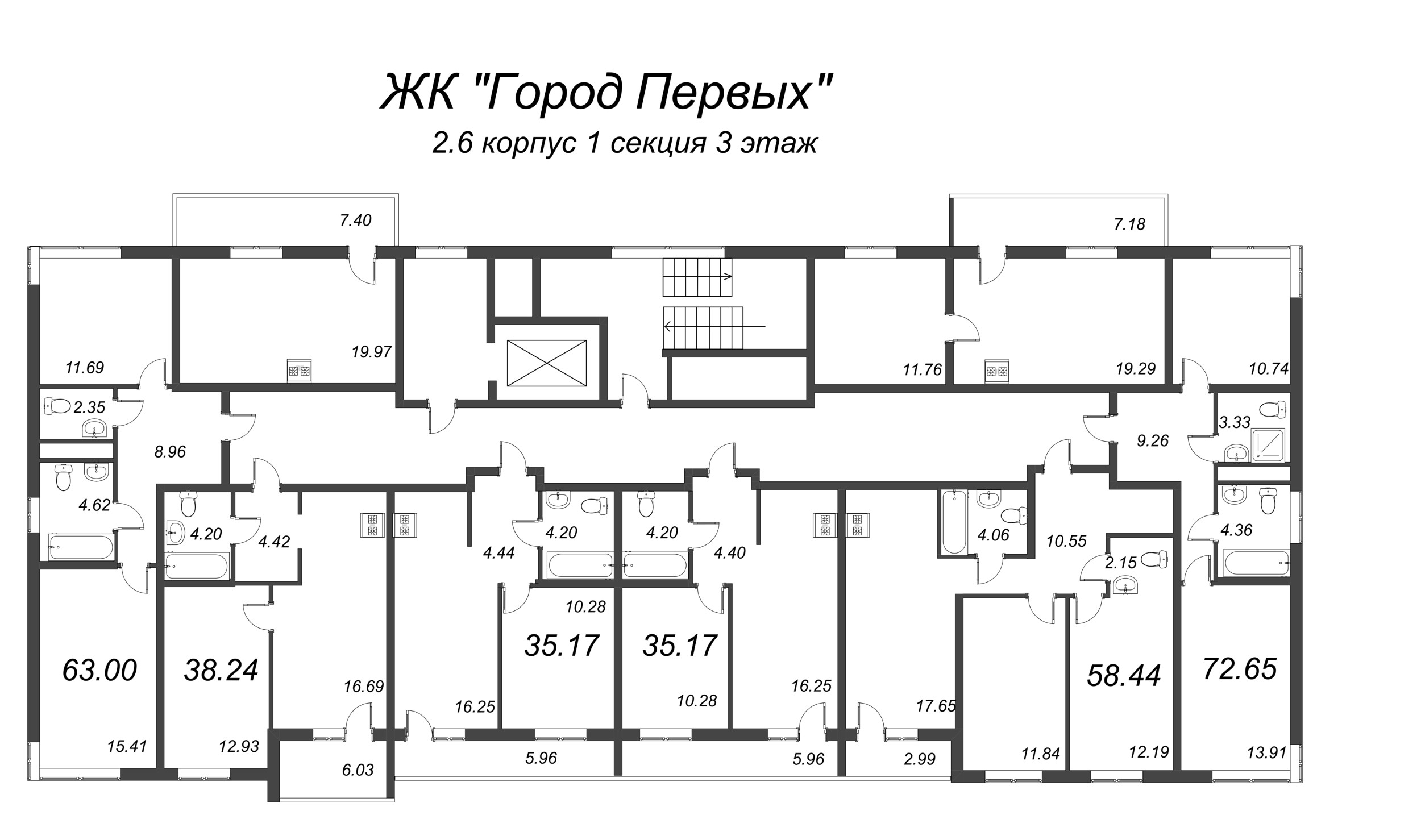 3-комнатная (Евро) квартира, 54.51 м² - планировка этажа