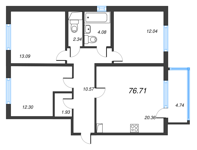 4-комнатная (Евро) квартира, 76.71 м² в ЖК "ЮгТаун" - планировка, фото №1