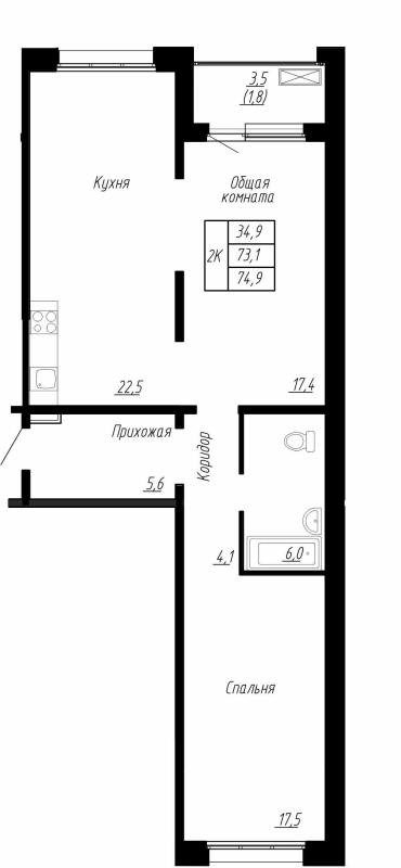 3-комнатная (Евро) квартира, 74.9 м² в ЖК "Сибирь" - планировка, фото №1
