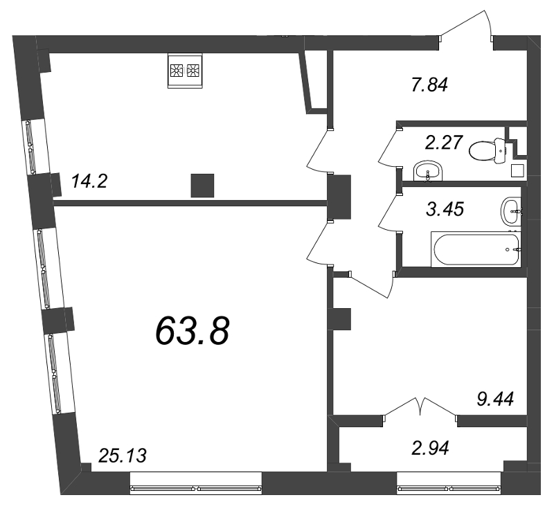 2-комнатная квартира, 63.8 м² - планировка, фото №1