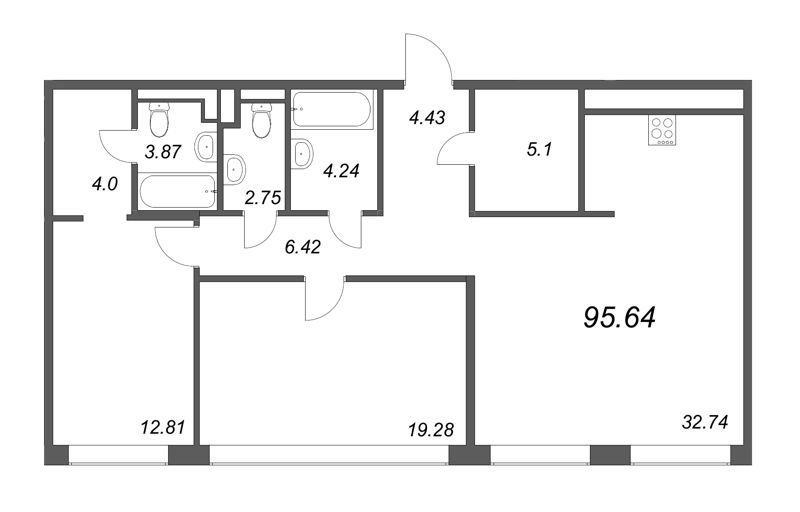 3-комнатная (Евро) квартира, 95.64 м² в ЖК "Большой, 67" - планировка, фото №1