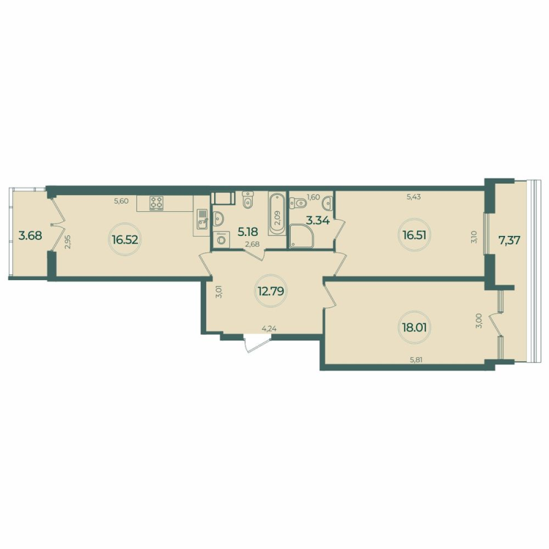 3-комнатная (Евро) квартира, 75.66 м² в ЖК "Дуалист" - планировка, фото №1