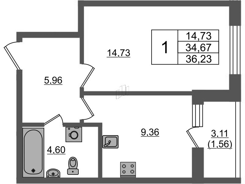 1-комнатная квартира, 36.14 м² в ЖК "Аквилон Янино" - планировка, фото №1