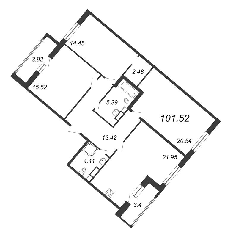 4-комнатная (Евро) квартира, 101.52 м² в ЖК "Modum" - планировка, фото №1