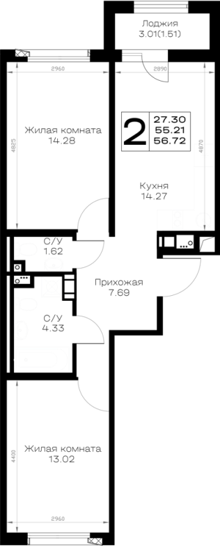 2-комнатная квартира, 56.72 м² в ЖК "Борский" - планировка, фото №1