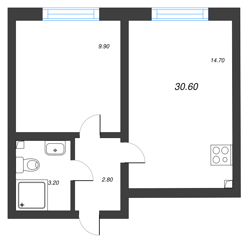 1-комнатная квартира, 30.6 м² в ЖК "Ручьи" - планировка, фото №1