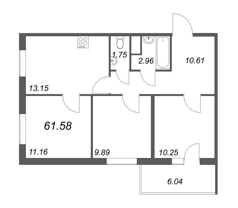 3-комнатная квартира, 61.8 м² в ЖК "Новоорловский" - планировка, фото №1