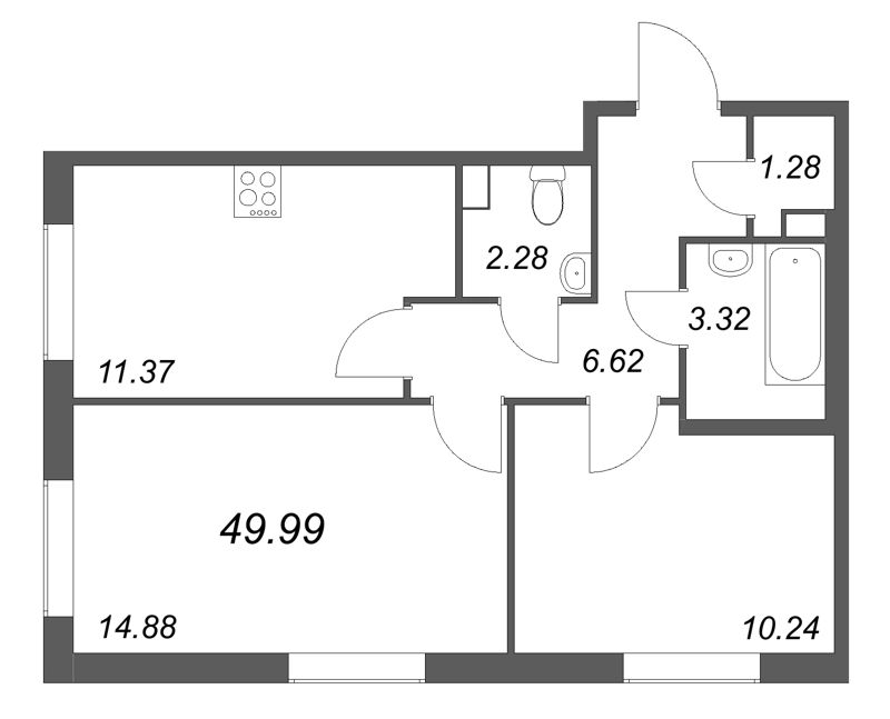 2-комнатная квартира, 49.99 м² в ЖК "Кинопарк" - планировка, фото №1