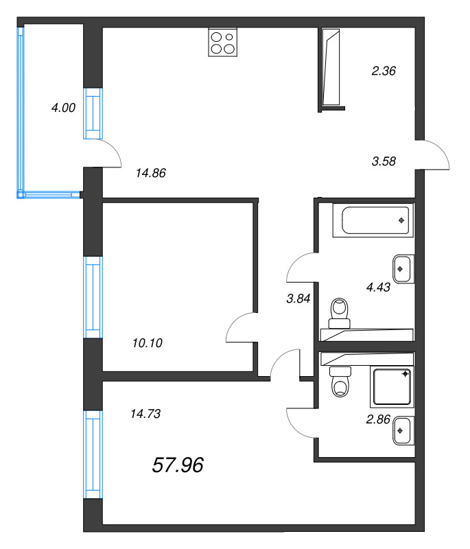 2-комнатная квартира, 57.96 м² в ЖК "OKLA" - планировка, фото №1