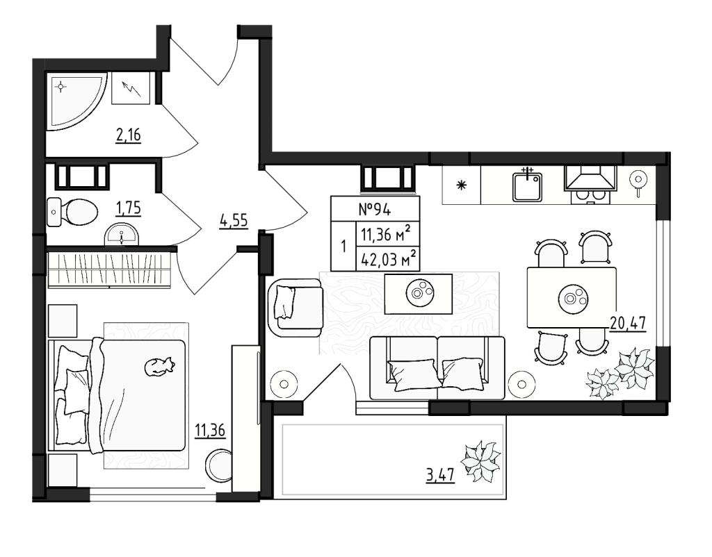 2-комнатная (Евро) квартира, 42.03 м² - планировка, фото №1