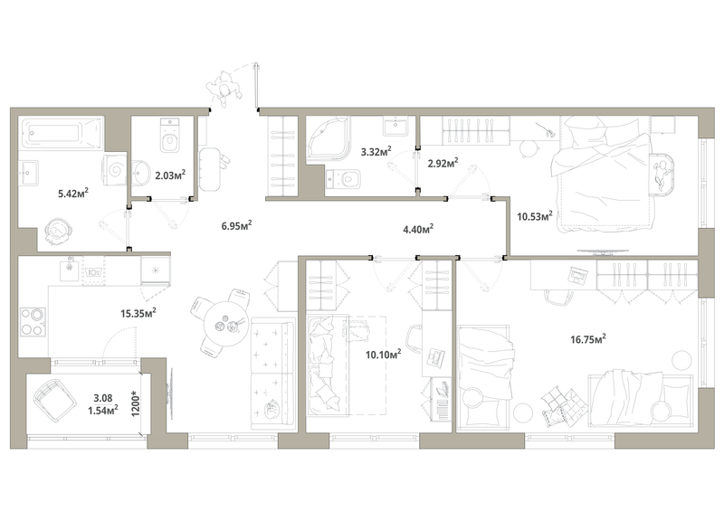 4-комнатная (Евро) квартира, 79.31 м² в ЖК "Тишин" - планировка, фото №1