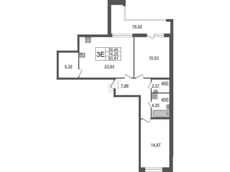 3-комнатная (Евро) квартира, 83.91 м² - планировка, фото №1 3-комнатная (Евро) квартира, 83.91 м² - планировка, фото №1