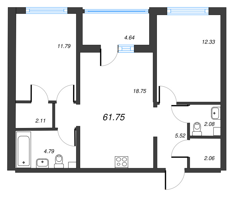 3-комнатная (Евро) квартира, 61.75 м² в ЖК "ЛесArt" - планировка, фото №1