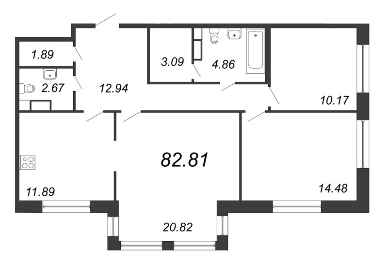 3-комнатная квартира, 82.81 м² - планировка, фото №1