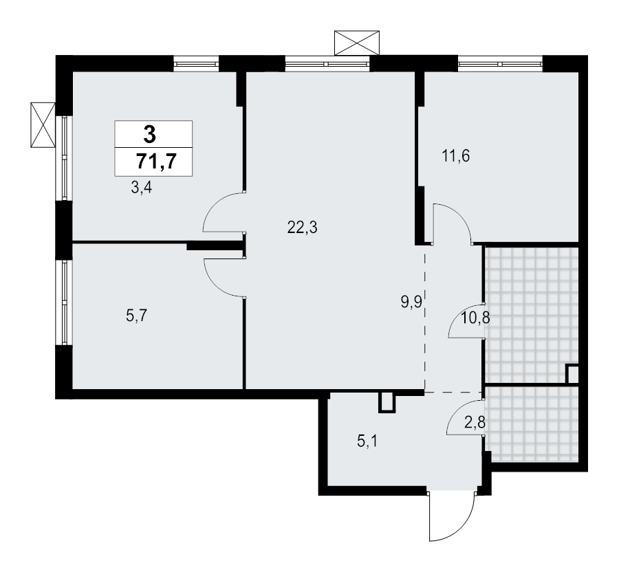 3-комнатная квартира, 71.68 м² - планировка, фото №1