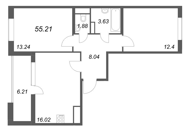 3-комнатная (Евро) квартира, 55.21 м² в ЖК "ЮгТаун" - планировка, фото №1