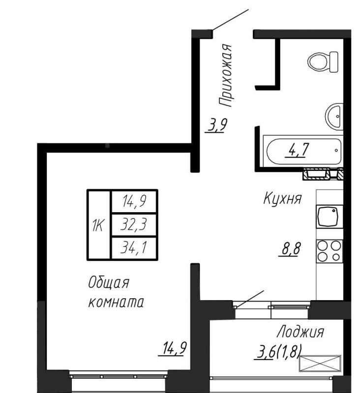 1-комнатная квартира, 34.1 м² в ЖК "Сибирь" - планировка, фото №1