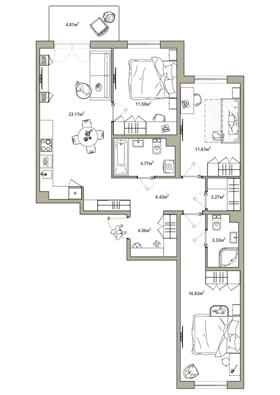 4-комнатная (Евро) квартира, 85.77 м² в ЖК "Тишин" - планировка, фото №1