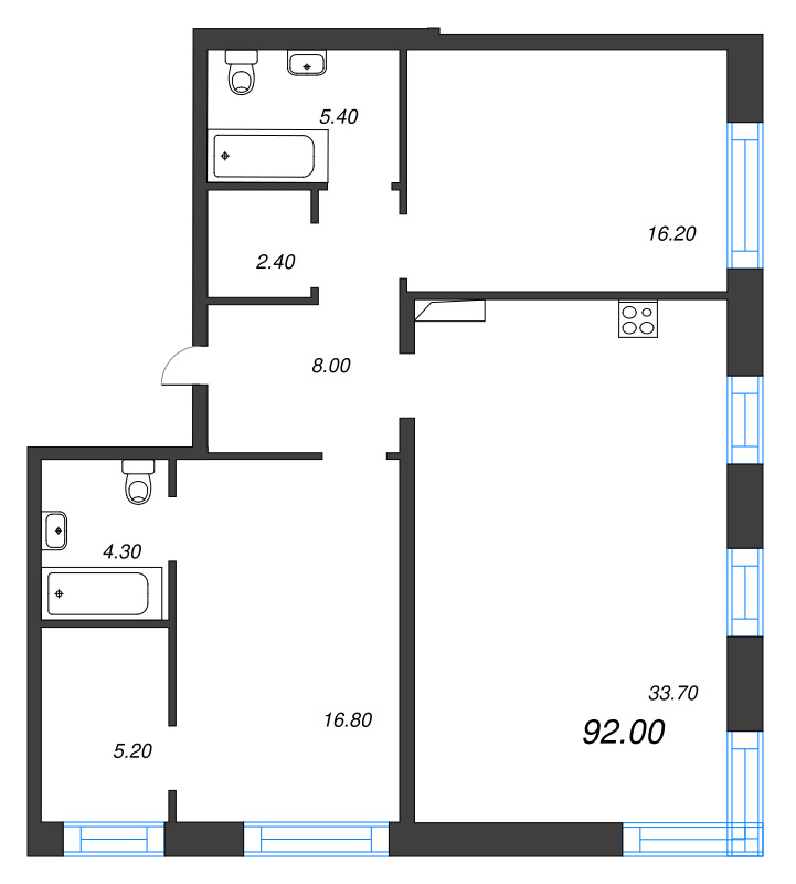 3-комнатная (Евро) квартира, 92 м² - планировка, фото №1