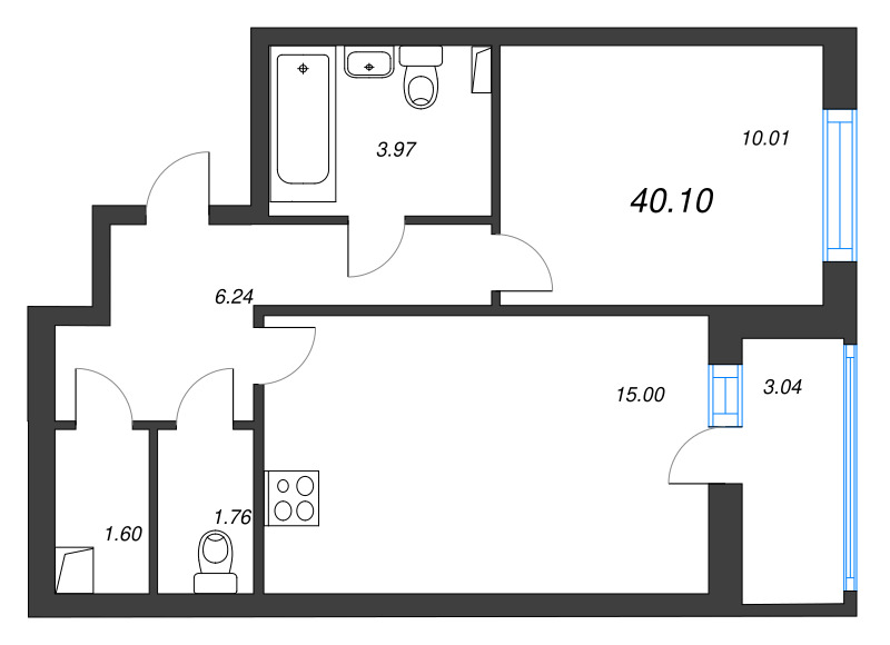 2-комнатная (Евро) квартира, 40.1 м² - планировка, фото №1