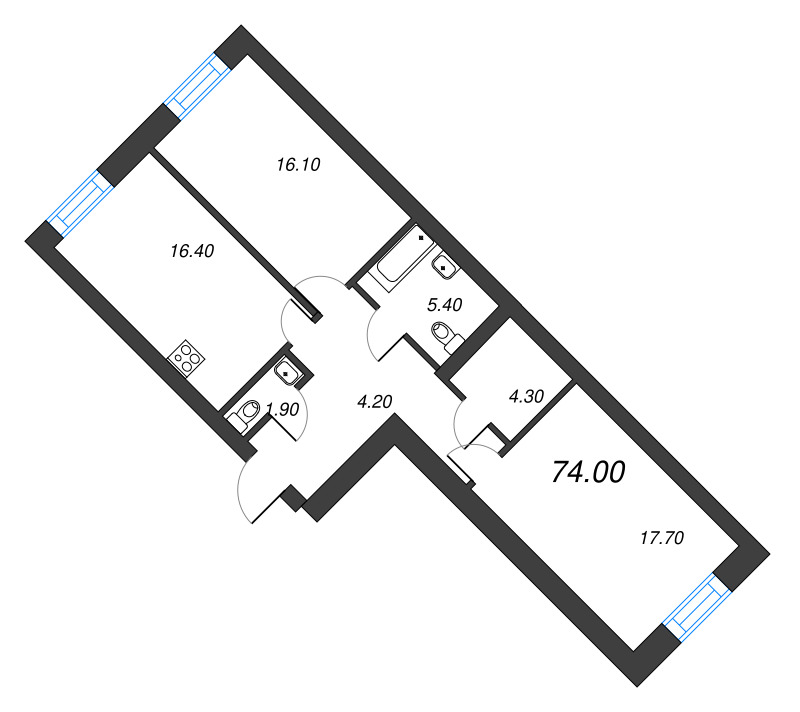 3-комнатная (Евро) квартира, 74 м² в ЖК "Листва" - планировка, фото №1