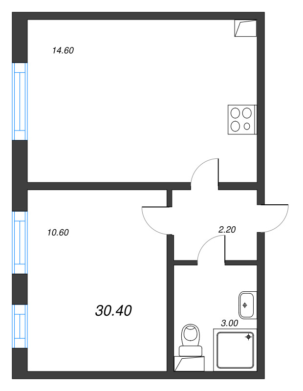 1-комнатная квартира, 30.4 м² - планировка, фото №1