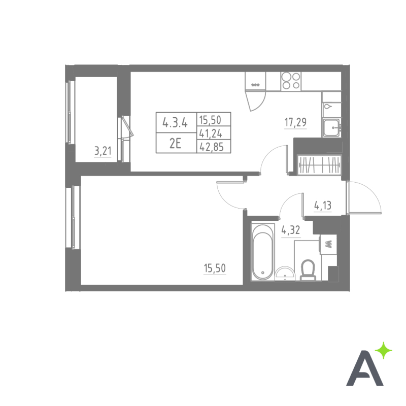 2-комнатная (Евро) квартира, 42.85 м² в ЖК "Аквилон Solar" - планировка, фото №1