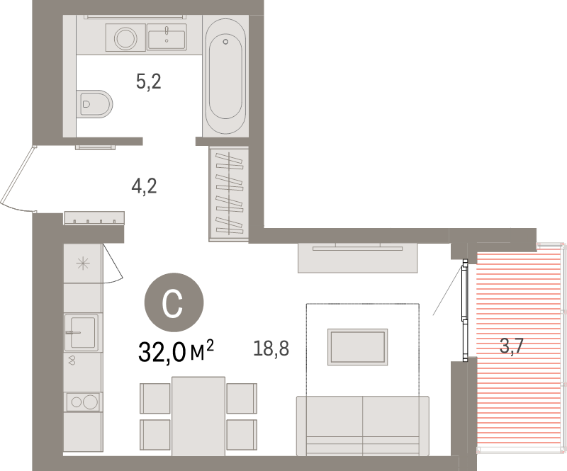 Квартира-студия, 32 м² в ЖК "Брусника в Новоселье" - планировка, фото №1