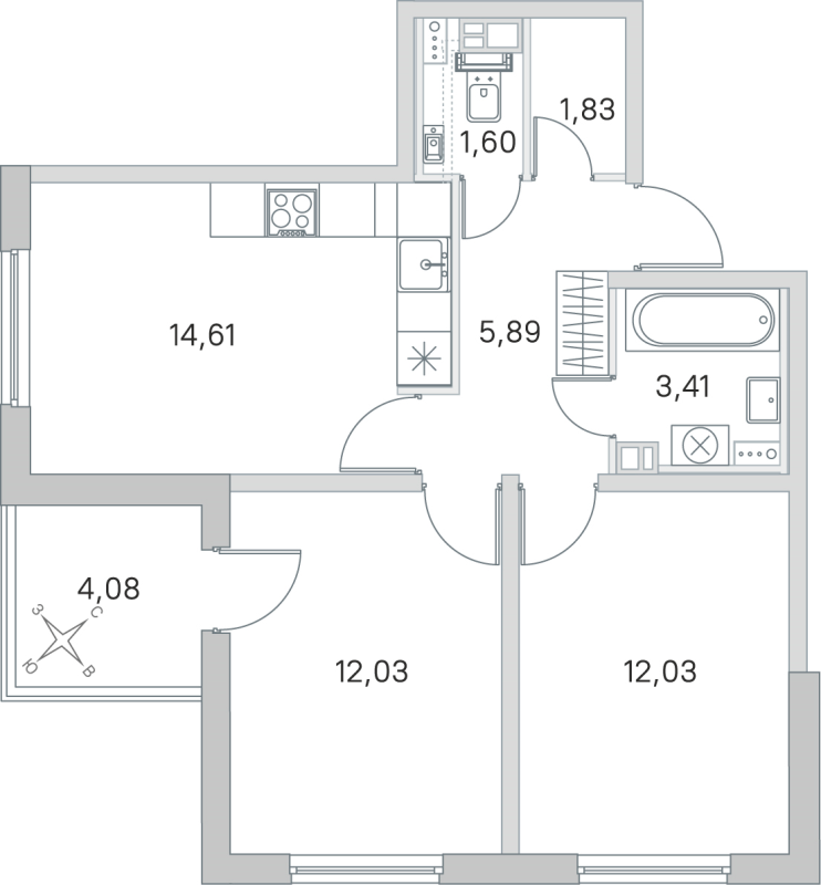2-комнатная квартира, 51.4 м² в ЖК "Любоград" - планировка, фото №1