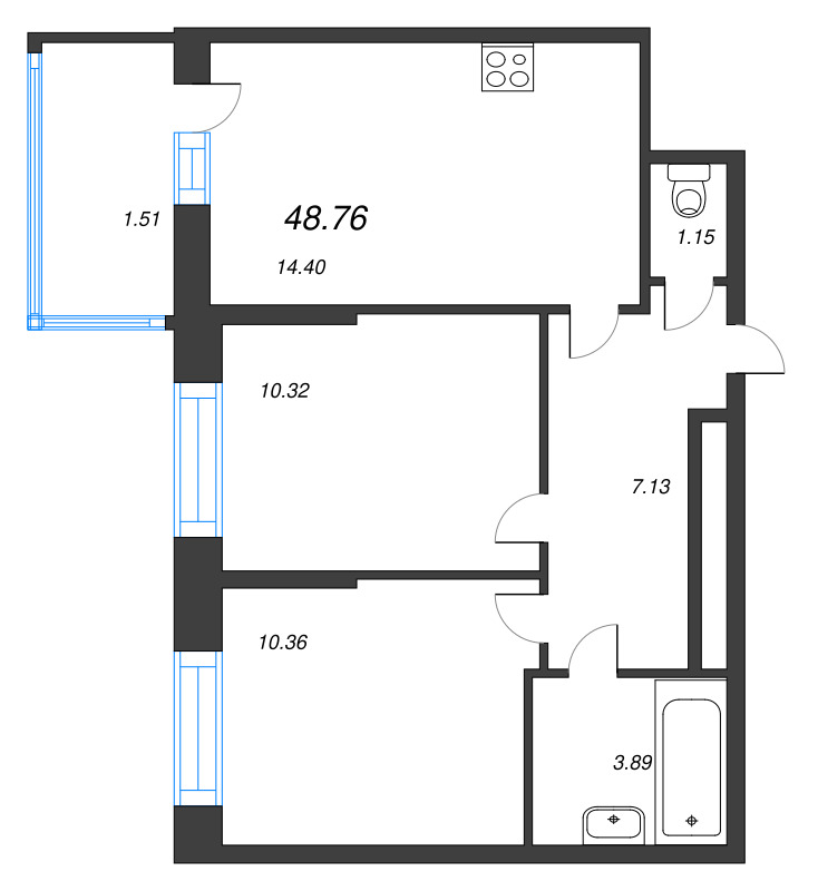 2-комнатная квартира, 48.76 м² - планировка, фото №1