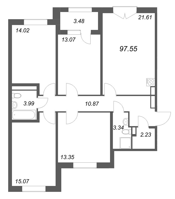 5-комнатная (Евро) квартира, 97.55 м² в ЖК "Дубровский" - планировка, фото №1