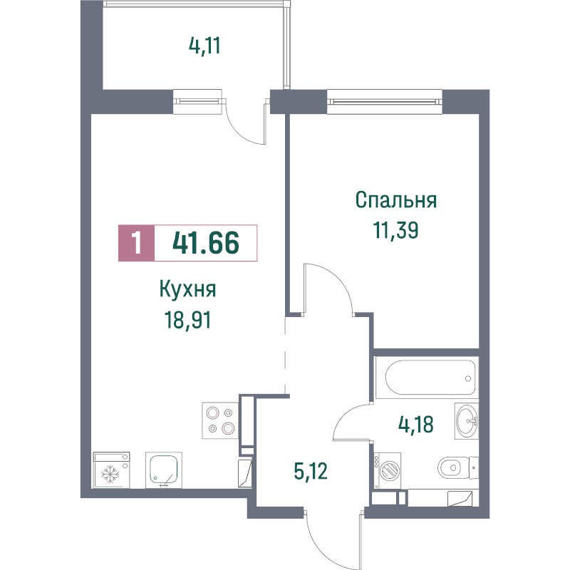 2-комнатная (Евро) квартира, 41.66 м² - планировка, фото №1