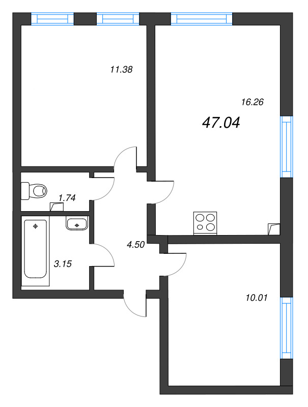 3-комнатная (Евро) квартира, 47.04 м² в ЖК "Морская миля" - планировка, фото №1