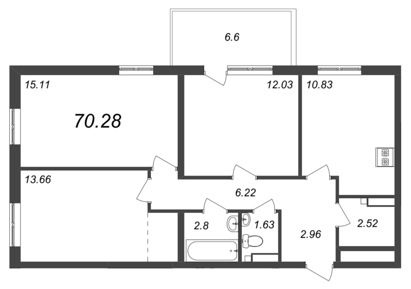 3-комнатная квартира, 74.9 м² в ЖК "Юттери" - планировка, фото №1