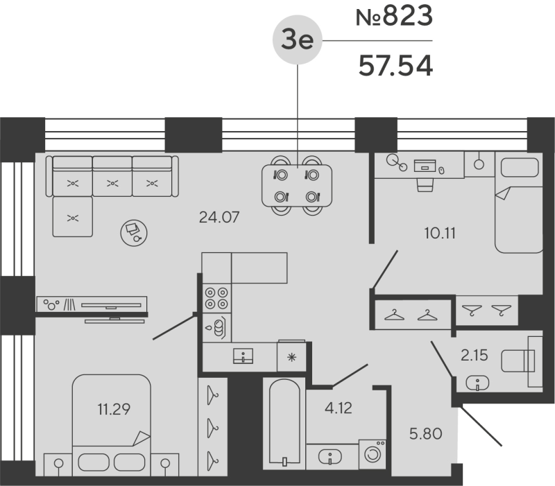 3-комнатная (Евро) квартира, 57.54 м² в ЖК "Bashni Element" - планировка, фото №1