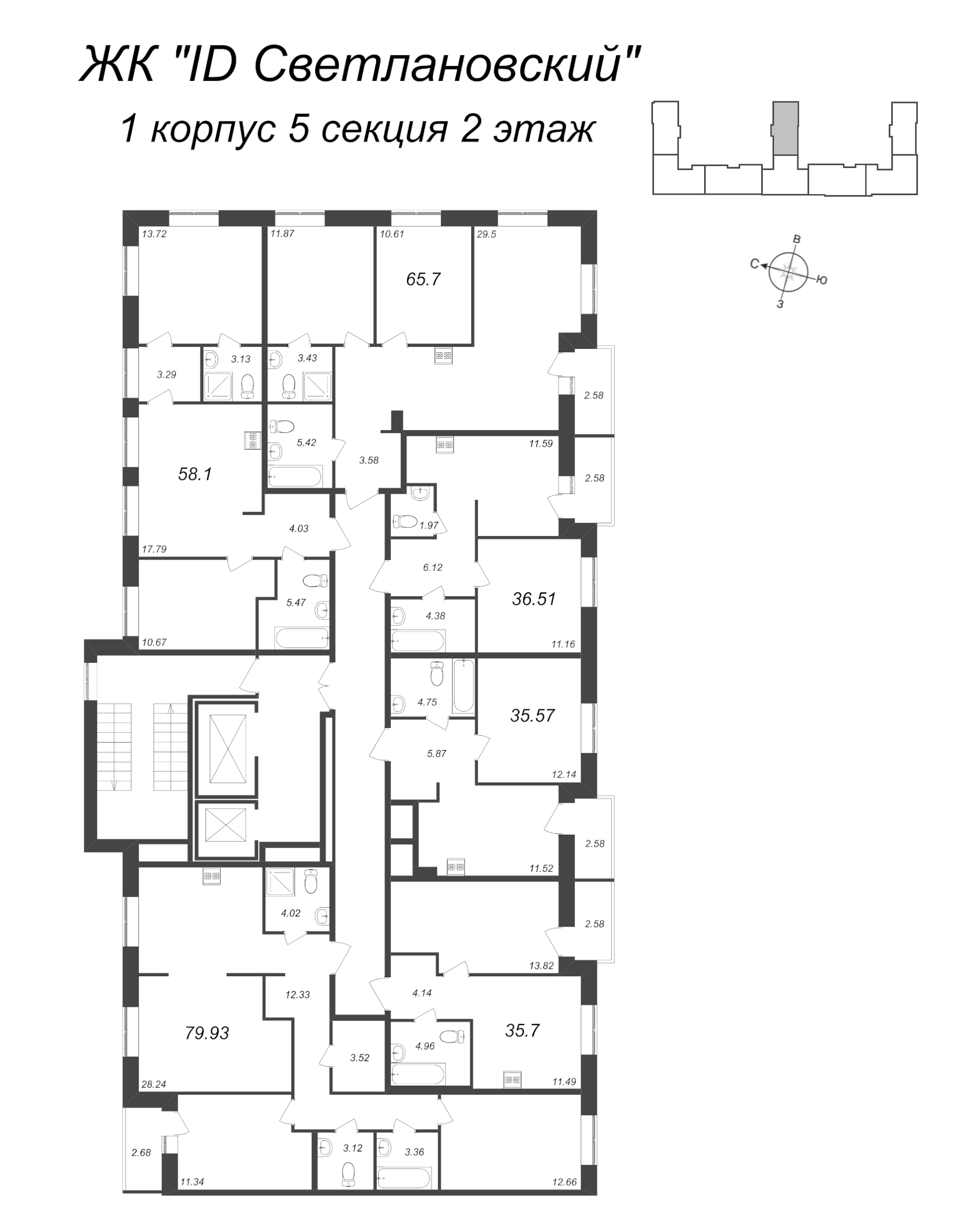 3-комнатная (Евро) квартира, 79.93 м² в ЖК "ID Svetlanovskiy" - планировка этажа