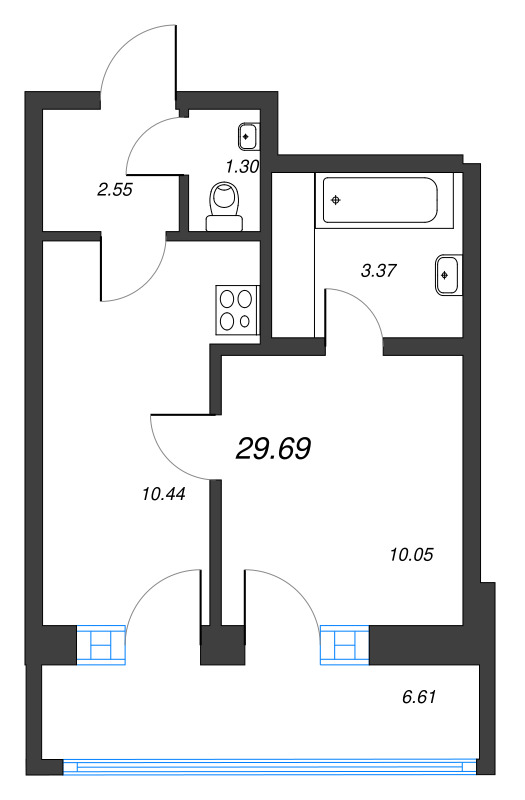 1-комнатная квартира, 29.69 м² - планировка, фото №1