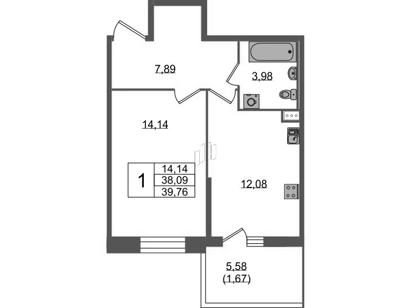 1-комнатная квартира, 39.76 м² - планировка, фото №1