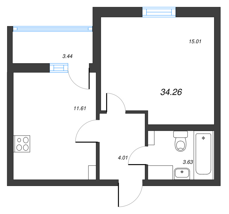 1-комнатная квартира, 34.26 м² - планировка, фото №1