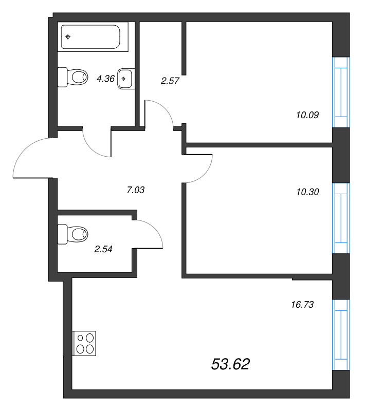 3-комнатная (Евро) квартира, 53.62 м² - планировка, фото №1