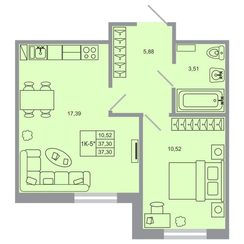 2-комнатная (Евро) квартира, 37.3 м² в ЖК "Стороны света-2" - планировка, фото №1