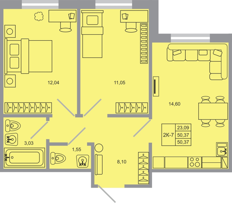 2-комнатная квартира, 50.37 м² - планировка, фото №1