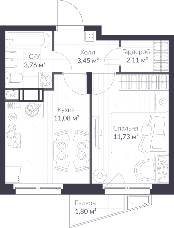 1-комнатная квартира, 32.67 м² в ЖК "ВЕРЕН НОРТ сертолово" - планировка, фото №1