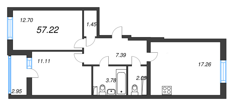 3-комнатная (Евро) квартира, 57.22 м² в ЖК "Кинопарк" - планировка, фото №1