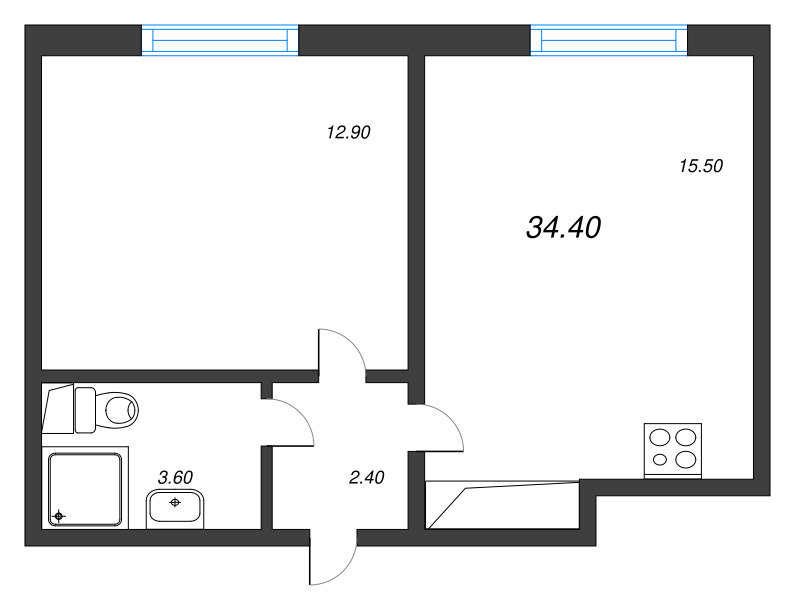 2-комнатная (Евро) квартира, 33.4 м² в ЖК "ЛСР. Ржевский парк" - планировка, фото №1
